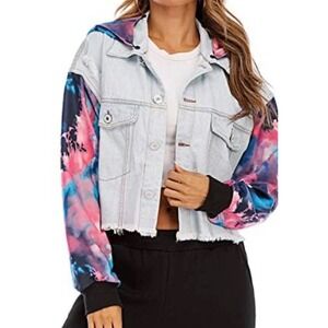 C+D+M Collection Tie Dye Hooded Denim Jacket Light Wash Cropped Distressed L